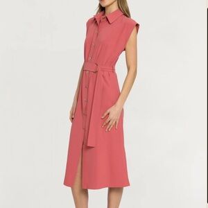 Luxely “Marigold” Belted Button-Front Midi Dress in Coral Pink — Size Small